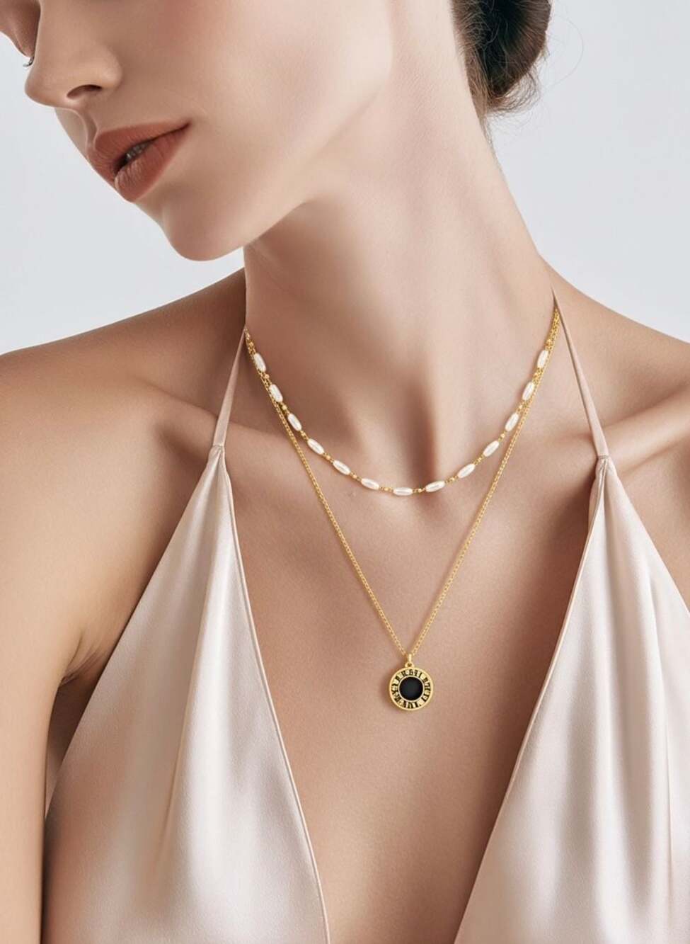 Roman Numeral Necklace and Earring Set with Faux Pearl Layered Chain